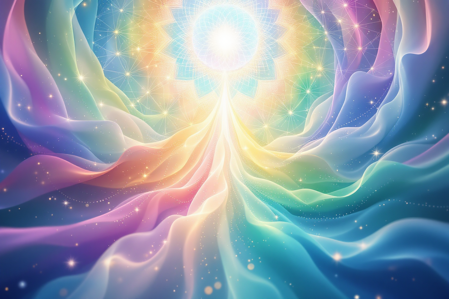 Véus de luz em tons perolados representando os 12 Raios