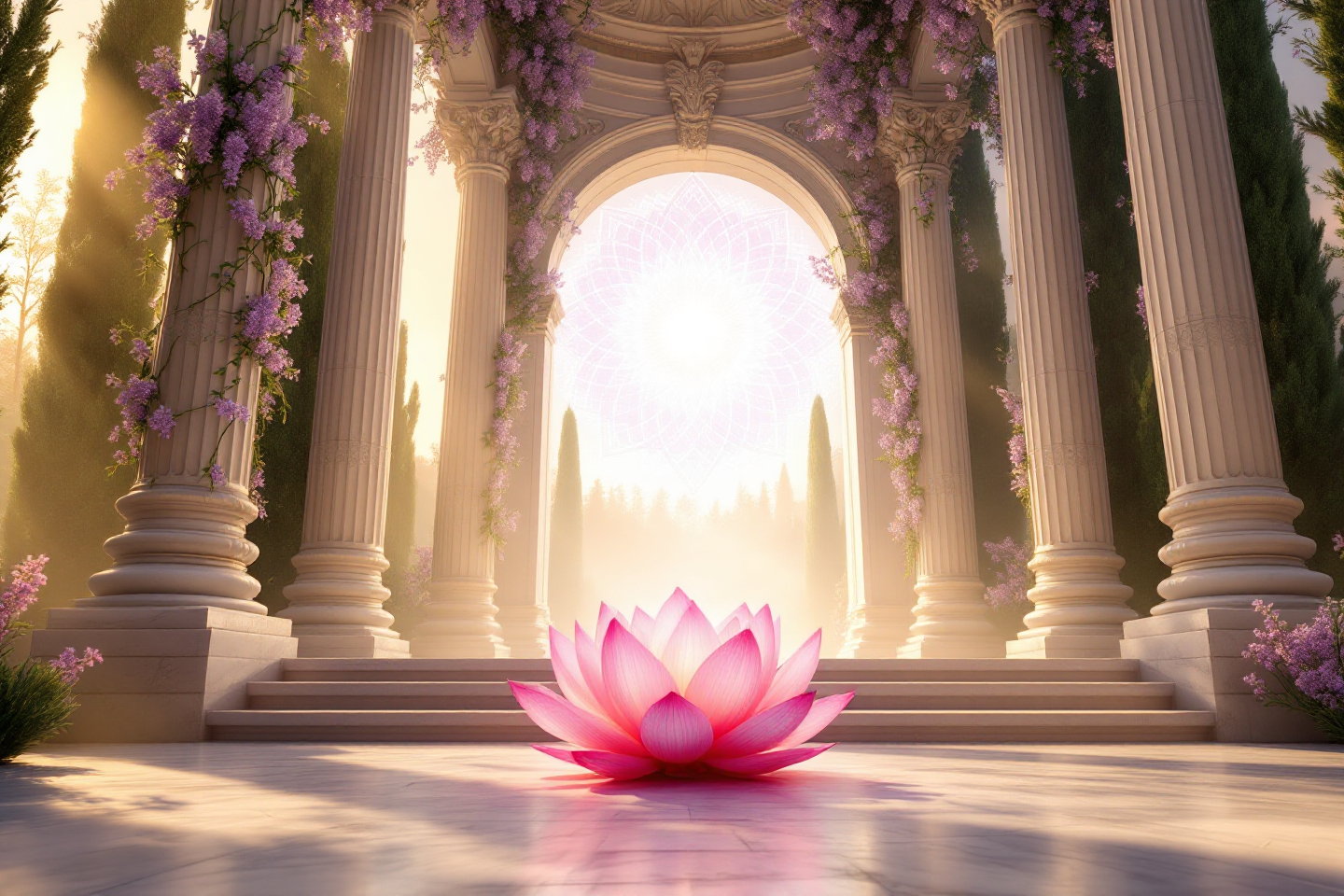 Templo sagrado em tons perolados e lilás, luz difusa