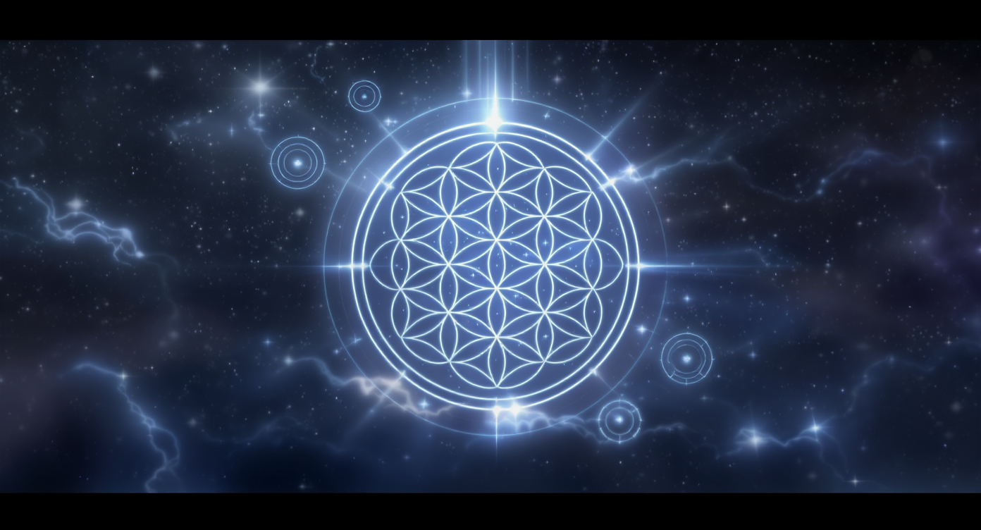 Geometria sagrada: Flor da Vida no cosmos, brilho azul